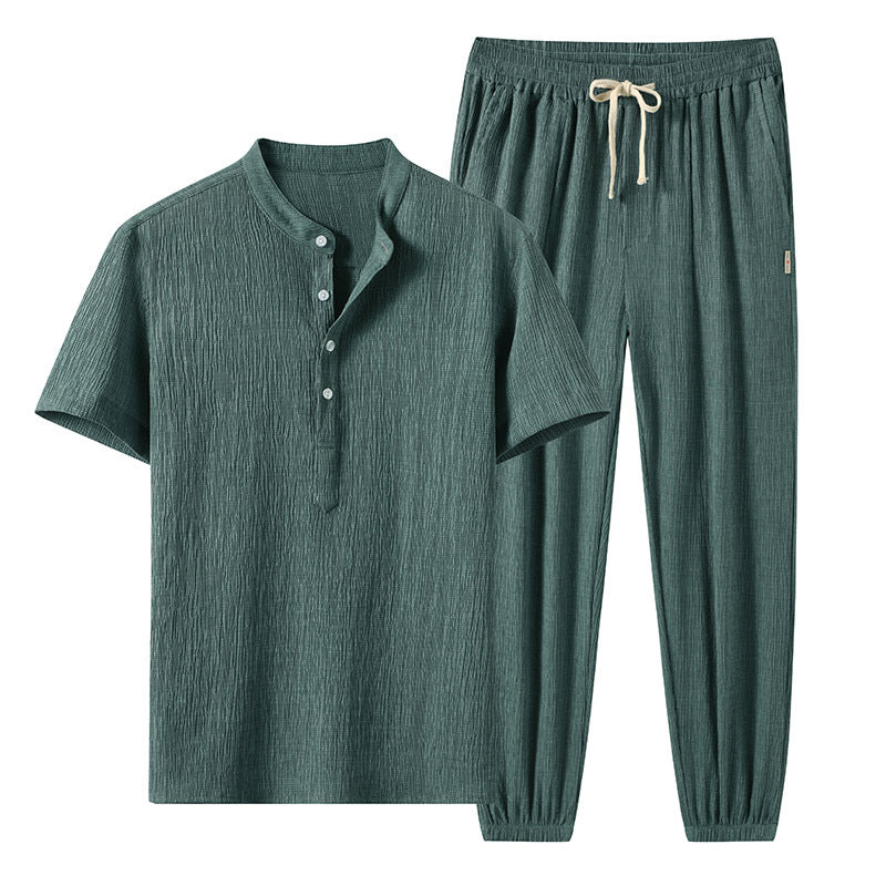 Ice Silk Short-Sleeved T-Shirt Men's Summer Ice Silk Breathable Casual Sports Linen Two Piece Pants Set 4