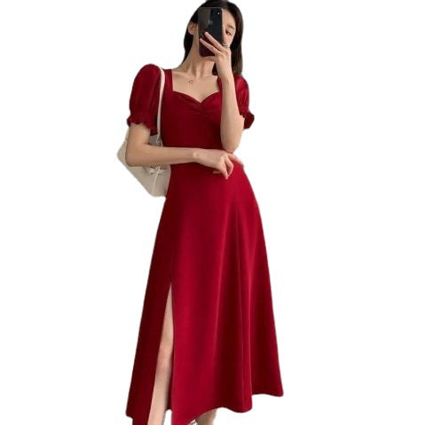 Women Summer French Style Puff Sleeve Square Neck Slit Long Dress 8