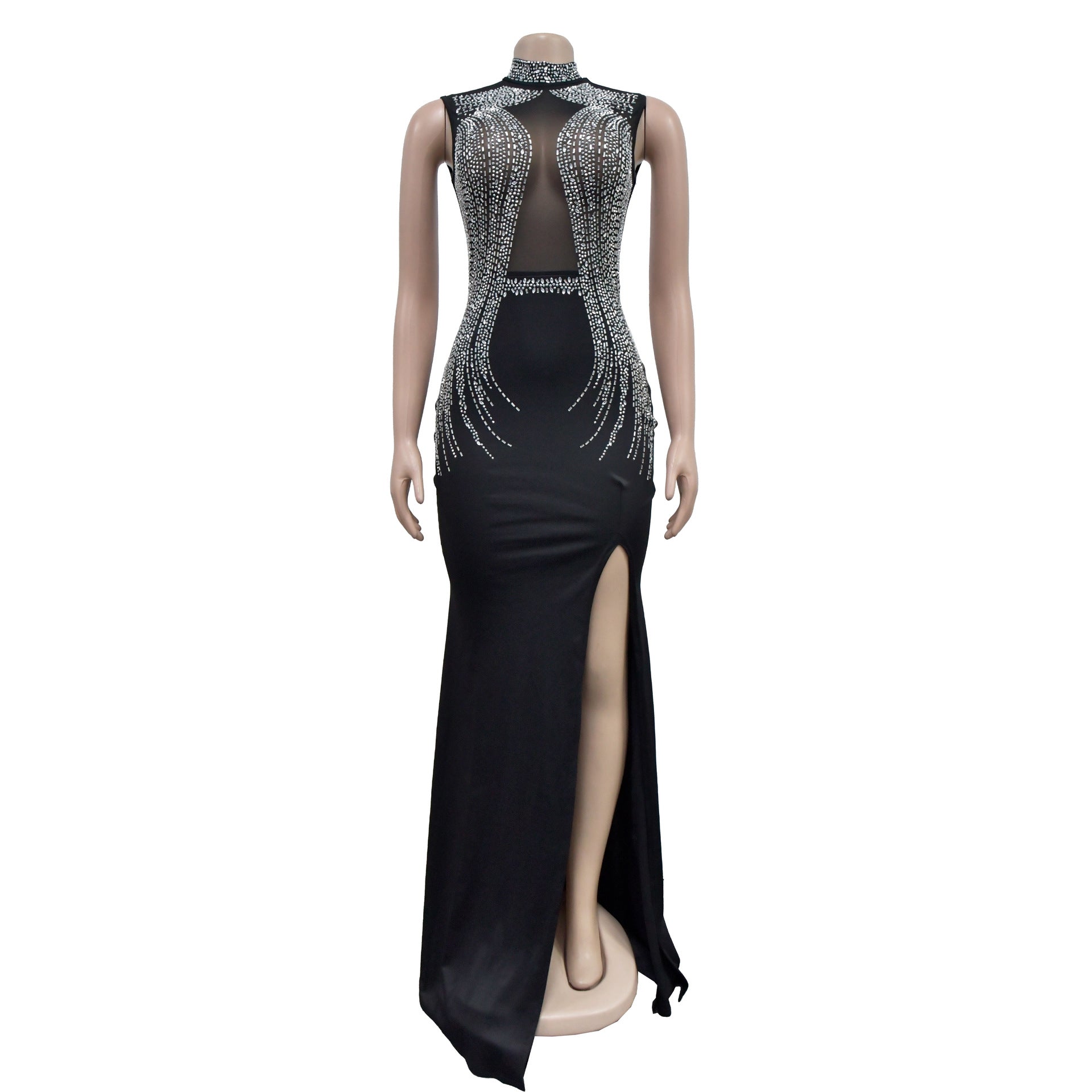 Women Solid Mesh Beaded Slit Maxi Dress 19
