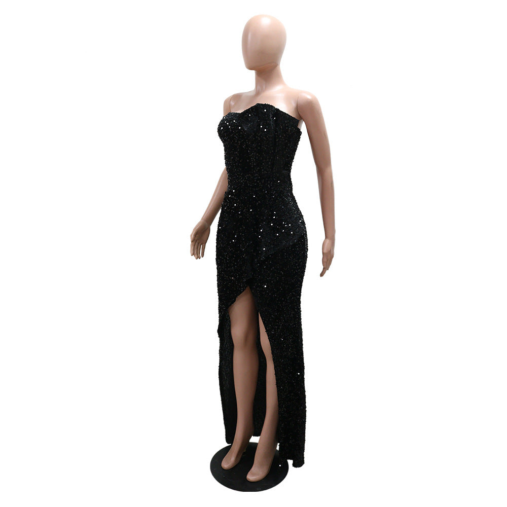 Women sequined sexy strapless irregular dress 7