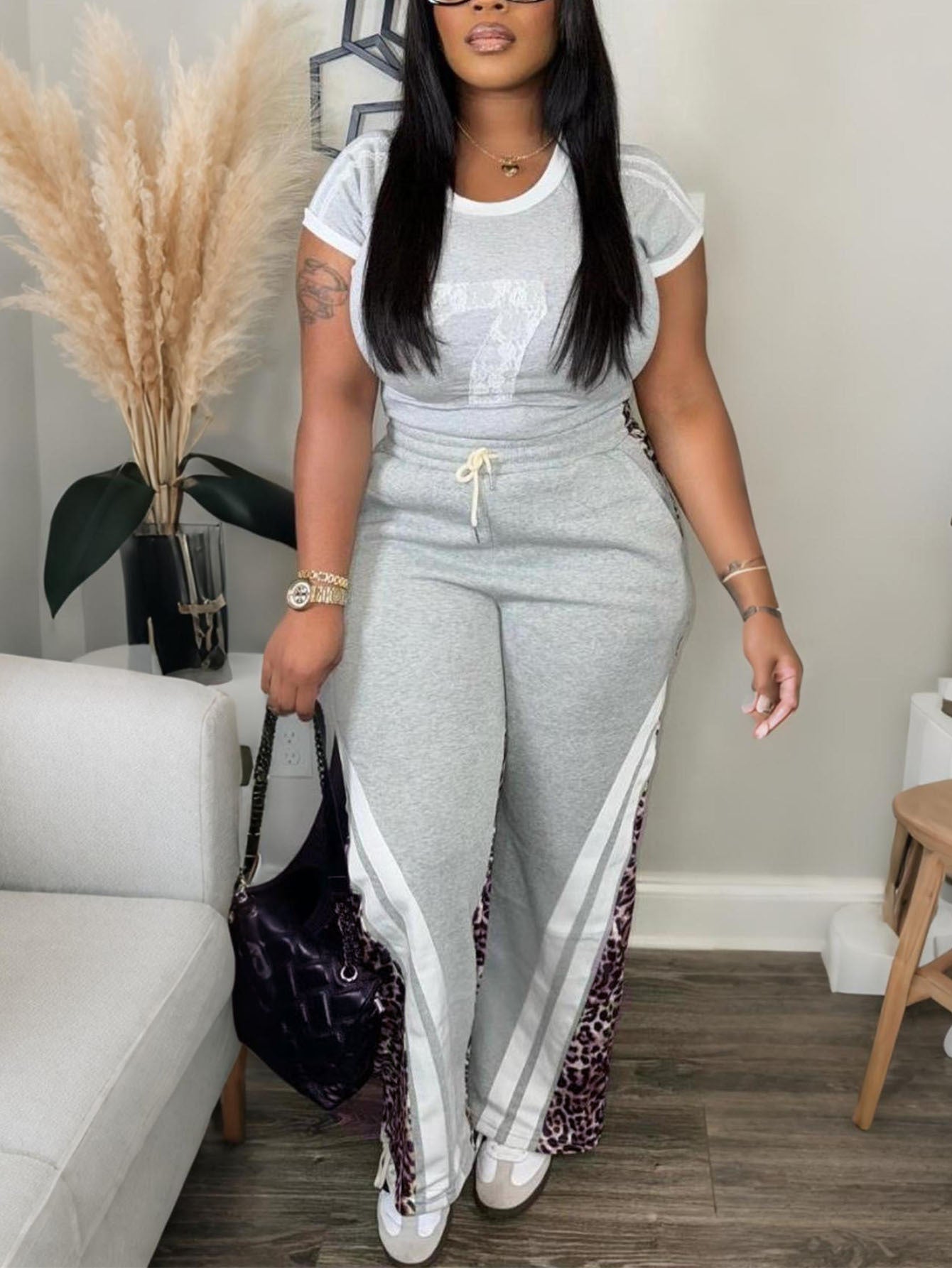 Women Autumn Short Sleeve Leopard Colorblock Top and Pants Two Piece Set