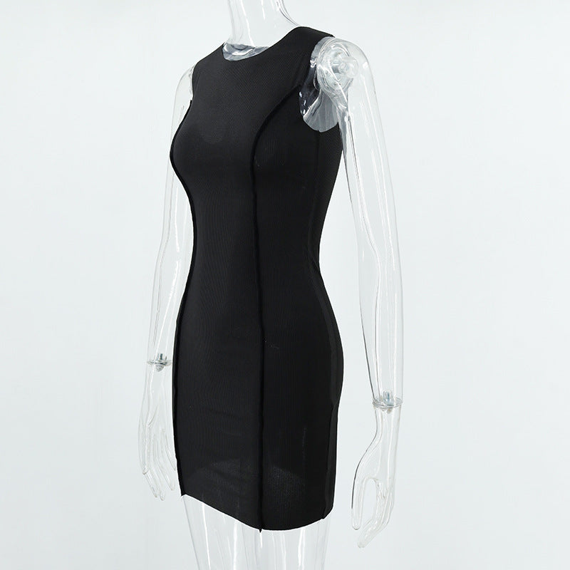 Summer Ladies Round Neck Sleeveless Solid Color Fashion Slim Bodycon Dress 30