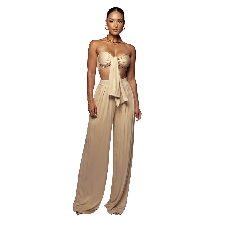 Women's Sexy Solid Color Tie Strapless Top Mid-Waist Wide Leg Pants Fashion Casual Two Piece Set 11