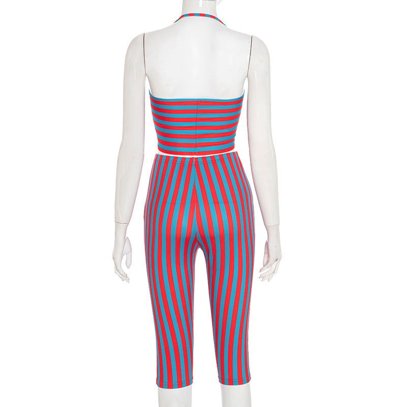 Women Contrast Striped Halter Neck Top and Capri Pants Two-Piece 22