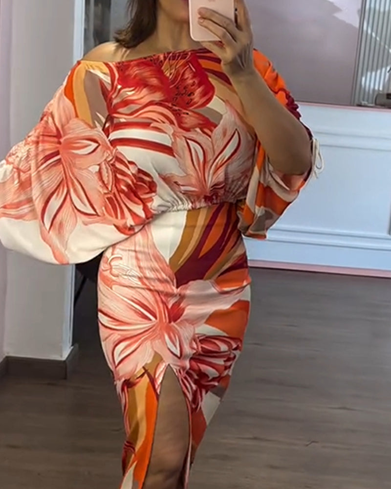 Women's Floral Side-Drawstring Loose Crop Top & Slim Side-Slit Mid-Length Skirt Set 5