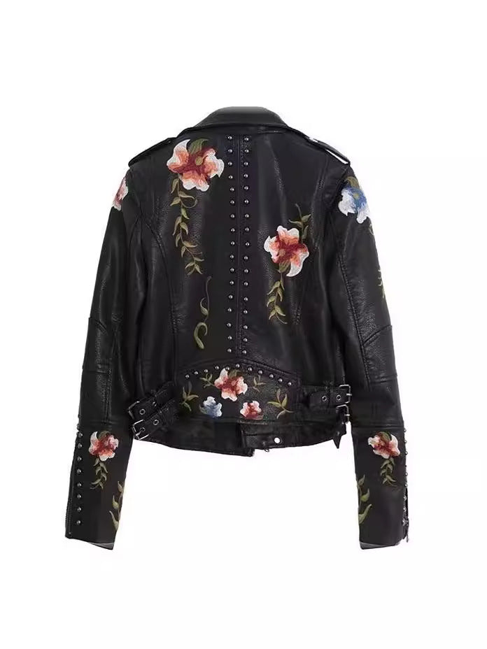 Women Embroidered Rivet Pu-Leather Long Sleeve Coat 10