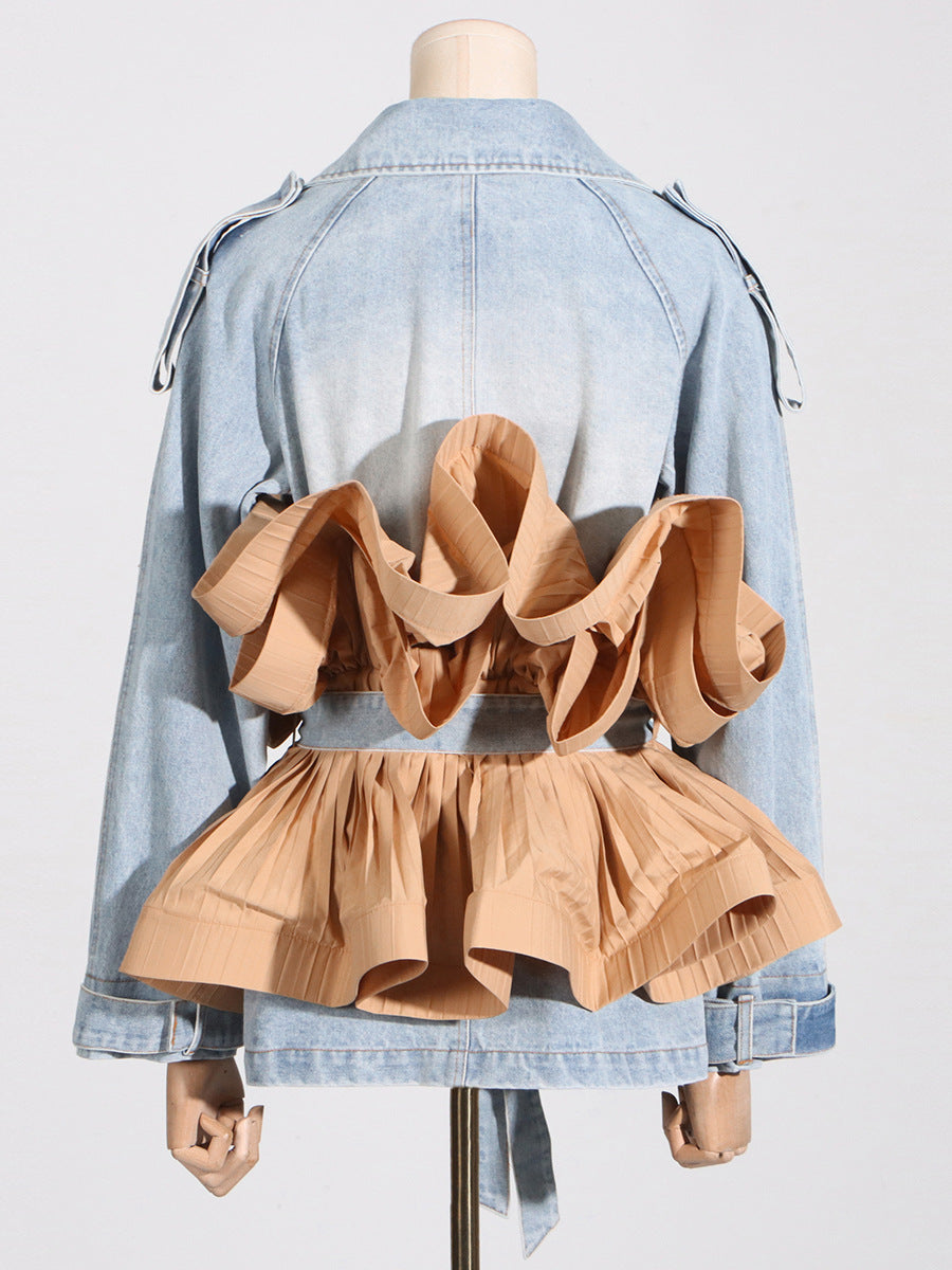 Women Fall Turndown Collar Contrast Color Ruffles Ruffle Lace-up Denim Jacket 5