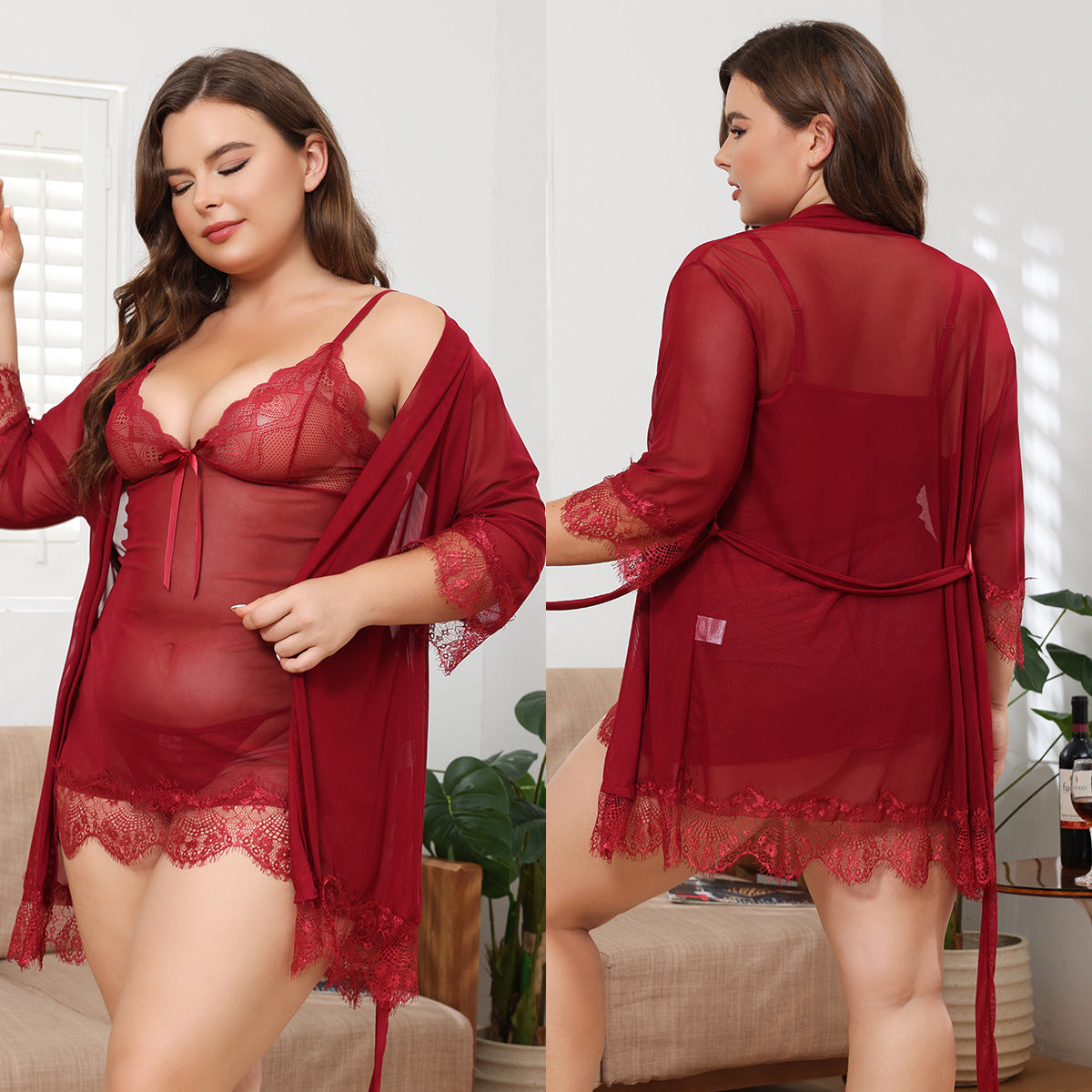Mesh Lace See-Through Sexy Nightdress Robe Three-Piece Lingerie Set 12