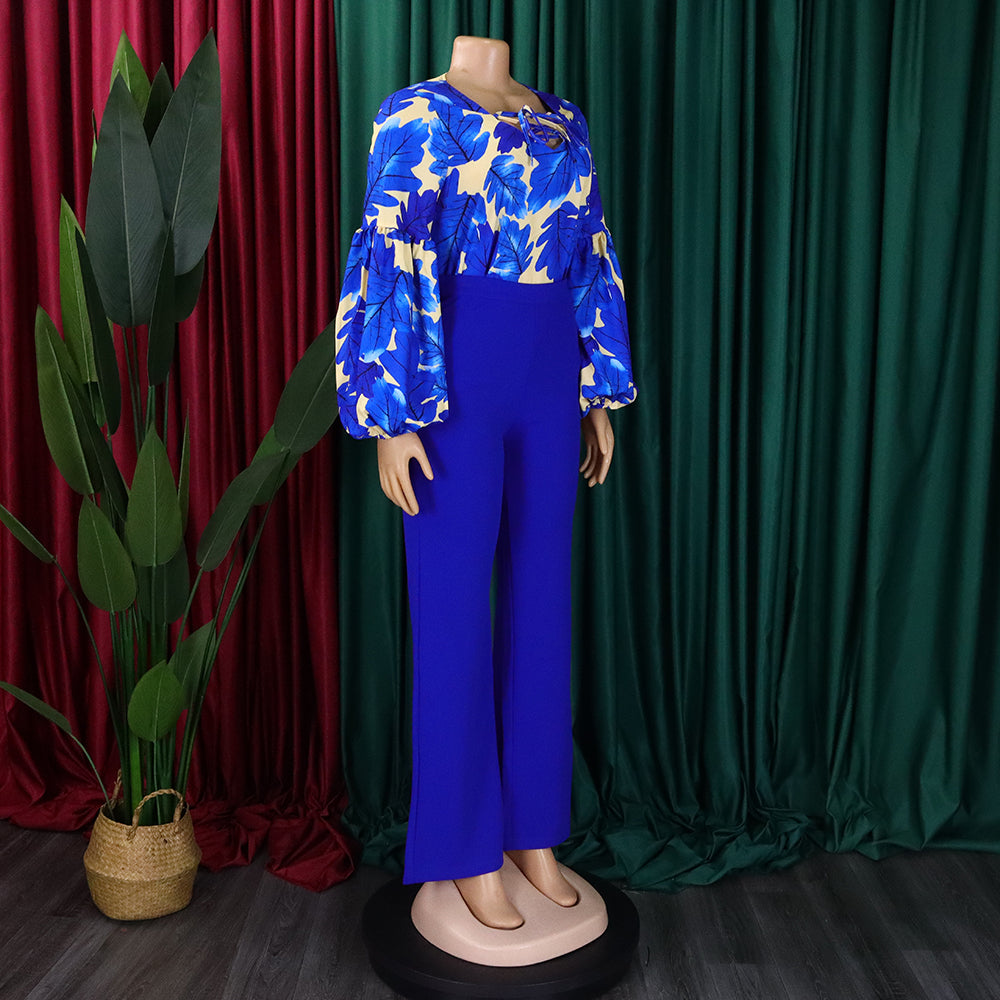 Plus Size Women's Fashion Print Lace-Up Top Wide Leg Pants Two-Piece Set 11