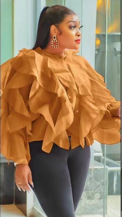 Women Round Neck Irregular Lotus Long Sleeve Casual Top Shirt 7