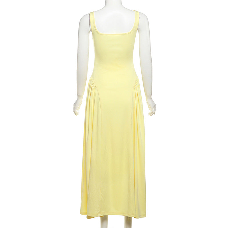 Summer Elegant Chic High Waist Solid Square Neck Strap A-line Dress 9