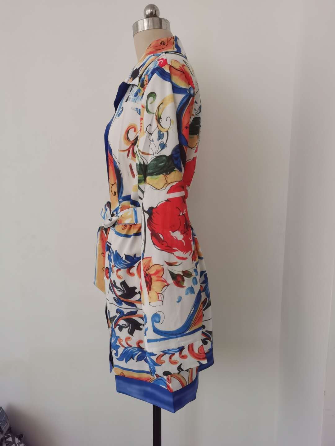 Spring Summer Bohemian Positioning Print Tie Long Sleeve Shirt Dress 13