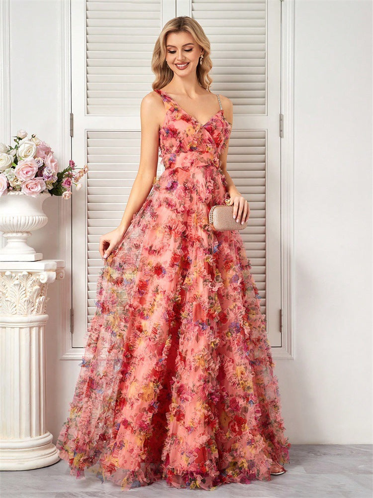 Women V-neck suspender floral elegant prom evening dress 6