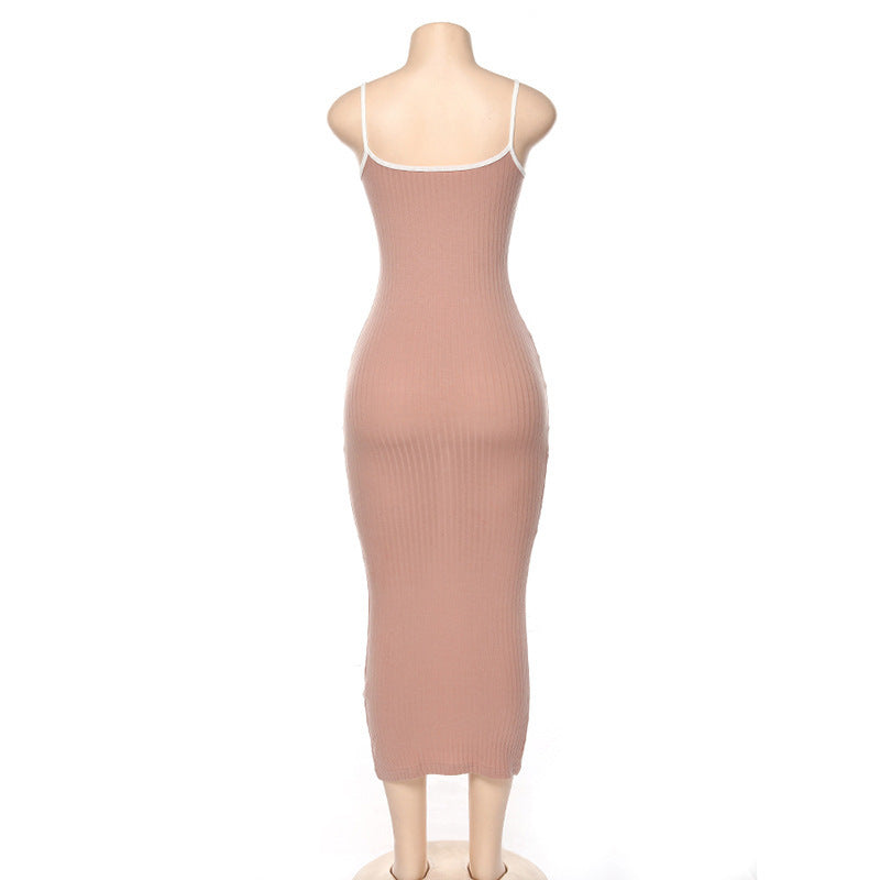 Summer Women Contrast Color Suspender Sexy Backless Bodycon Dress 17