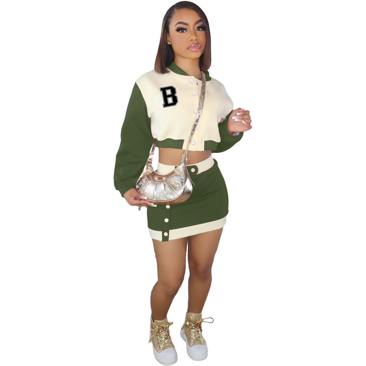 Long Sleeve Baseball Jacket Sports Casual Skirt Two-Piece Fashion Suit 3
