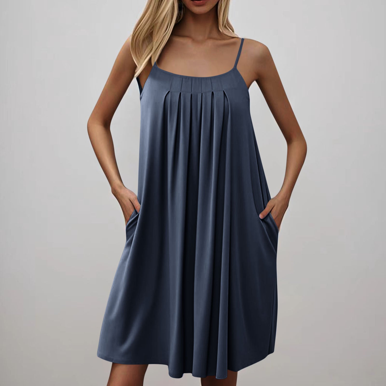 Women's Spring & Summer U-Neck Solid Color Pocket Strap Casual Dress 12