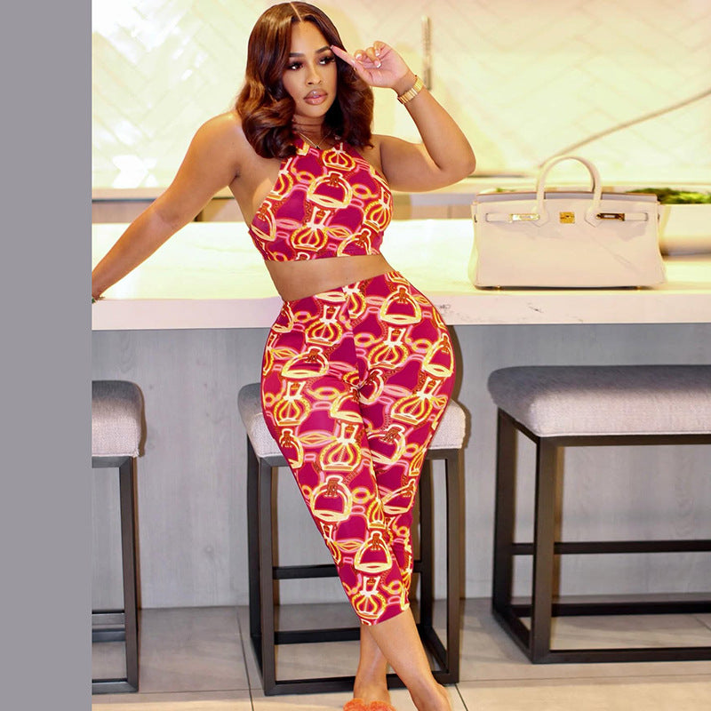 Summer Women's Sexy Color-Block Print Crop Tank Top Tight-Fitting Pants Set 3