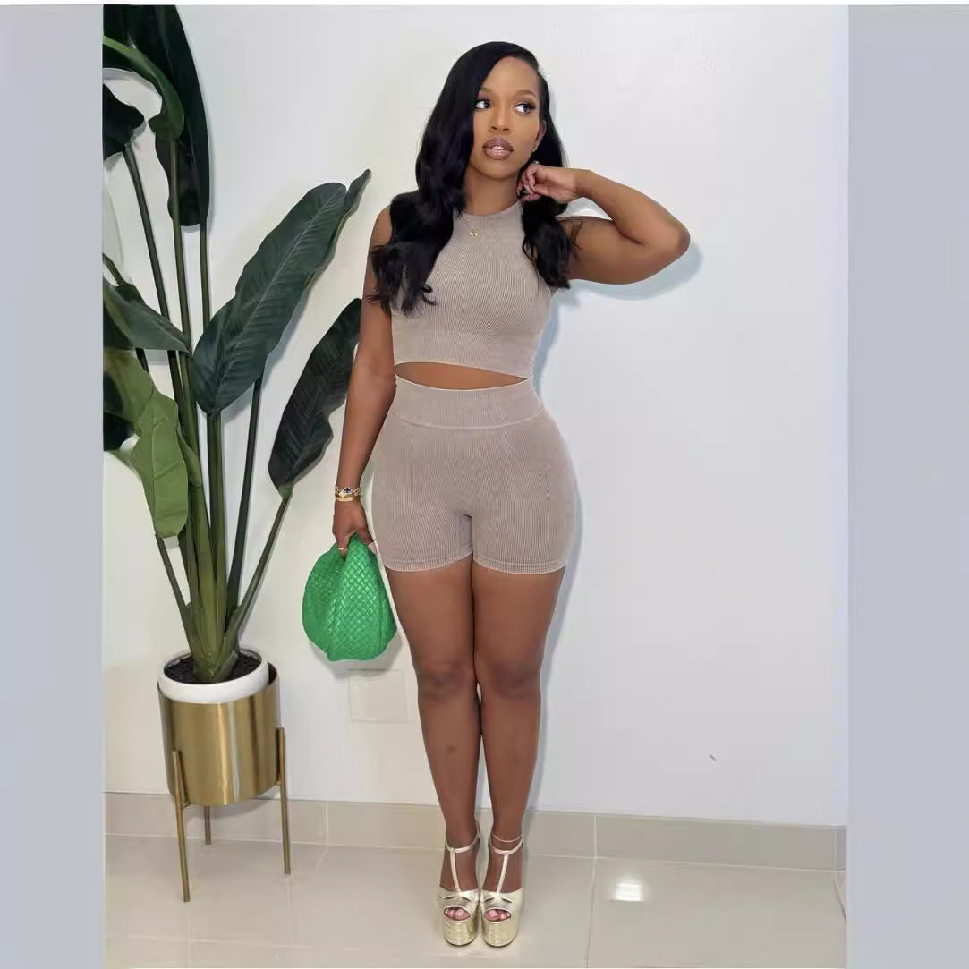 Women's Fashion Ribbed Solid Color Vest Shorts Two-Piece Set 6