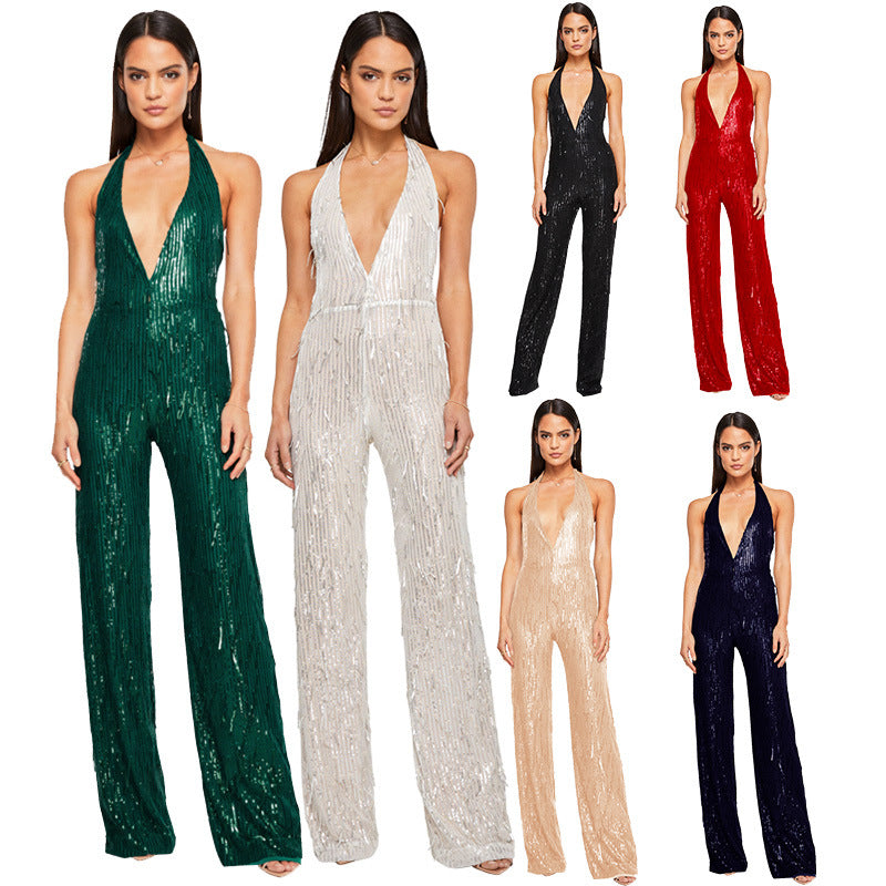 Women's Sleeveless Deep V Halter Neck Low Back Sequin Jumpsuit T