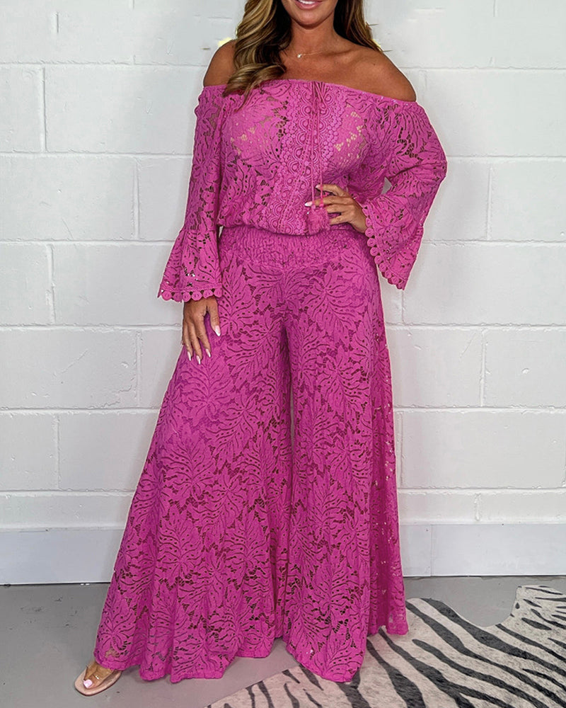 Rose Off-Shoulder Tie Loose Bell-Bottom Sleeve Top & Wide Leg Loose Pants Set 3