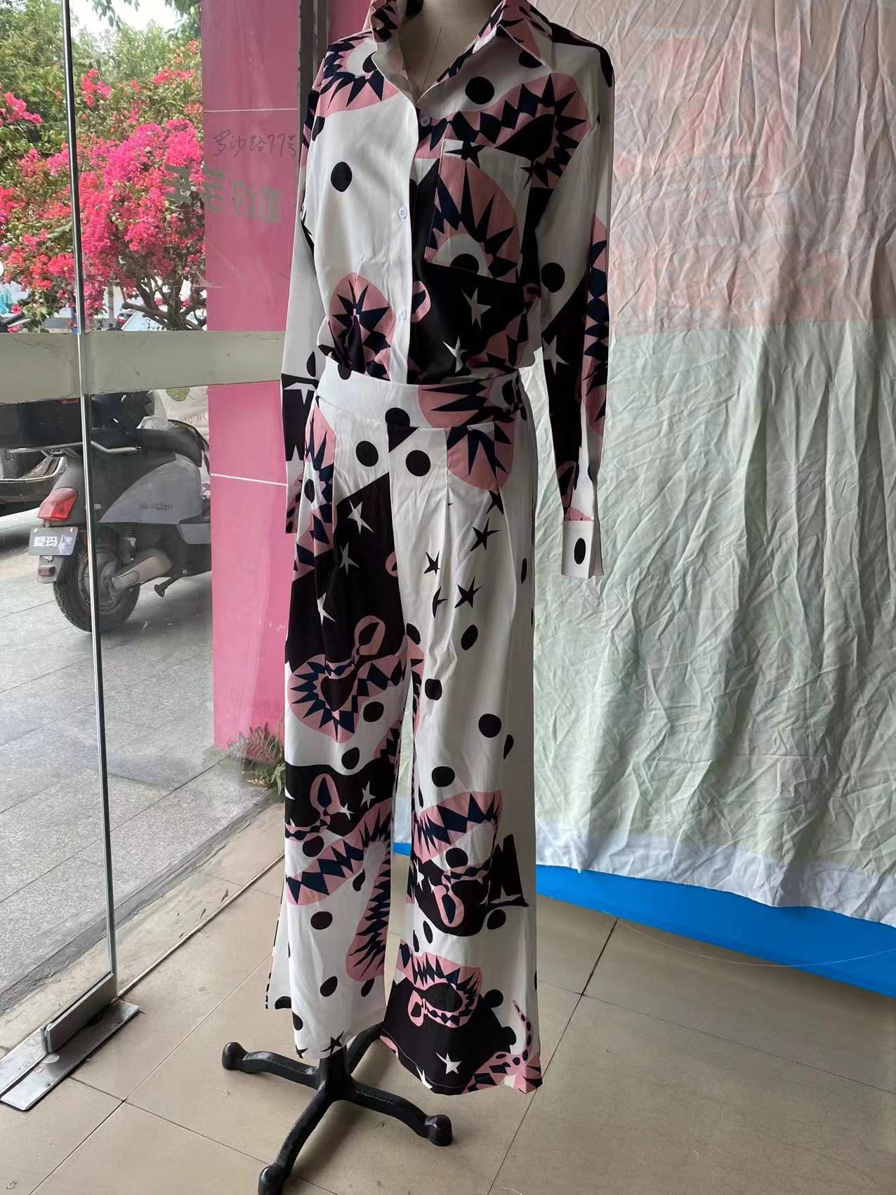 Plus Size Women Long Sleeve Shirt and High Waist Wide Leg Pants Two-Piece Set 9