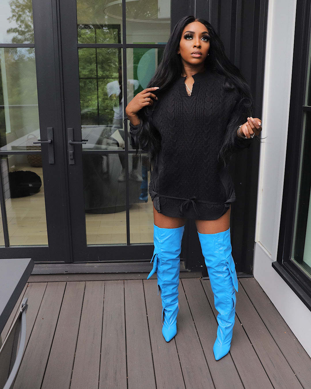 Autumn And Winter Women's Casual Loose Cotton Padded Patchwork Knitting Drawstring Sweater Dress 4