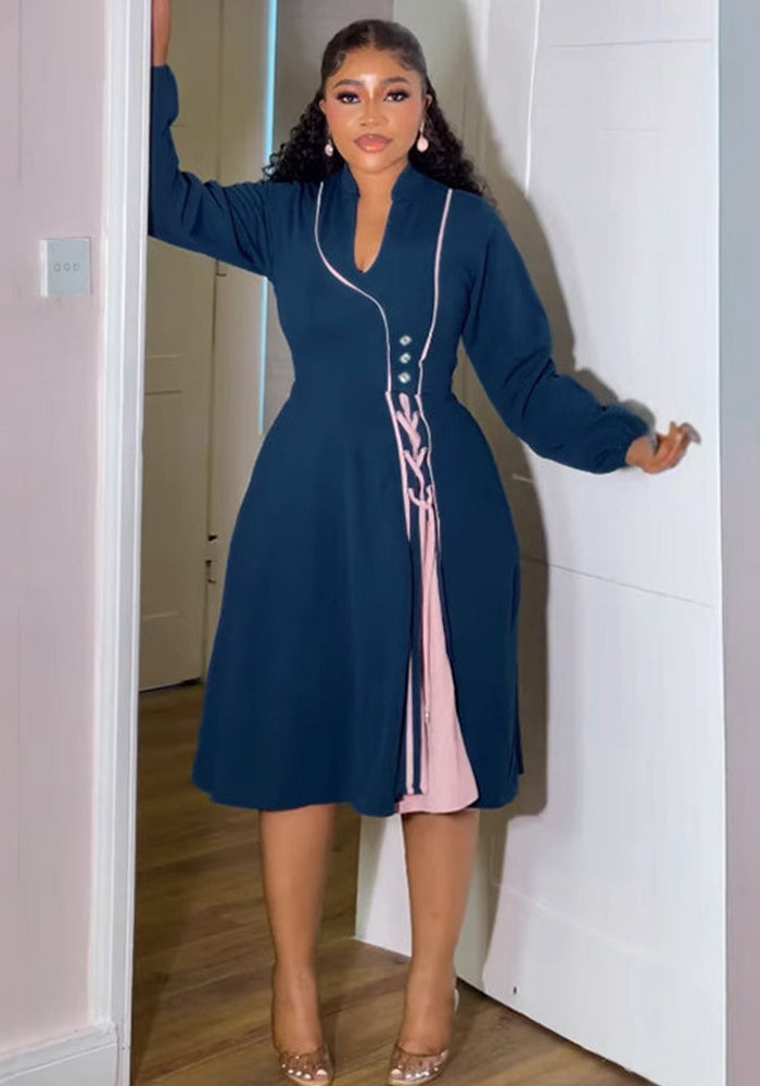 Patchwork Contrast Color Long Sleeve Slim Waist A-Line Dress