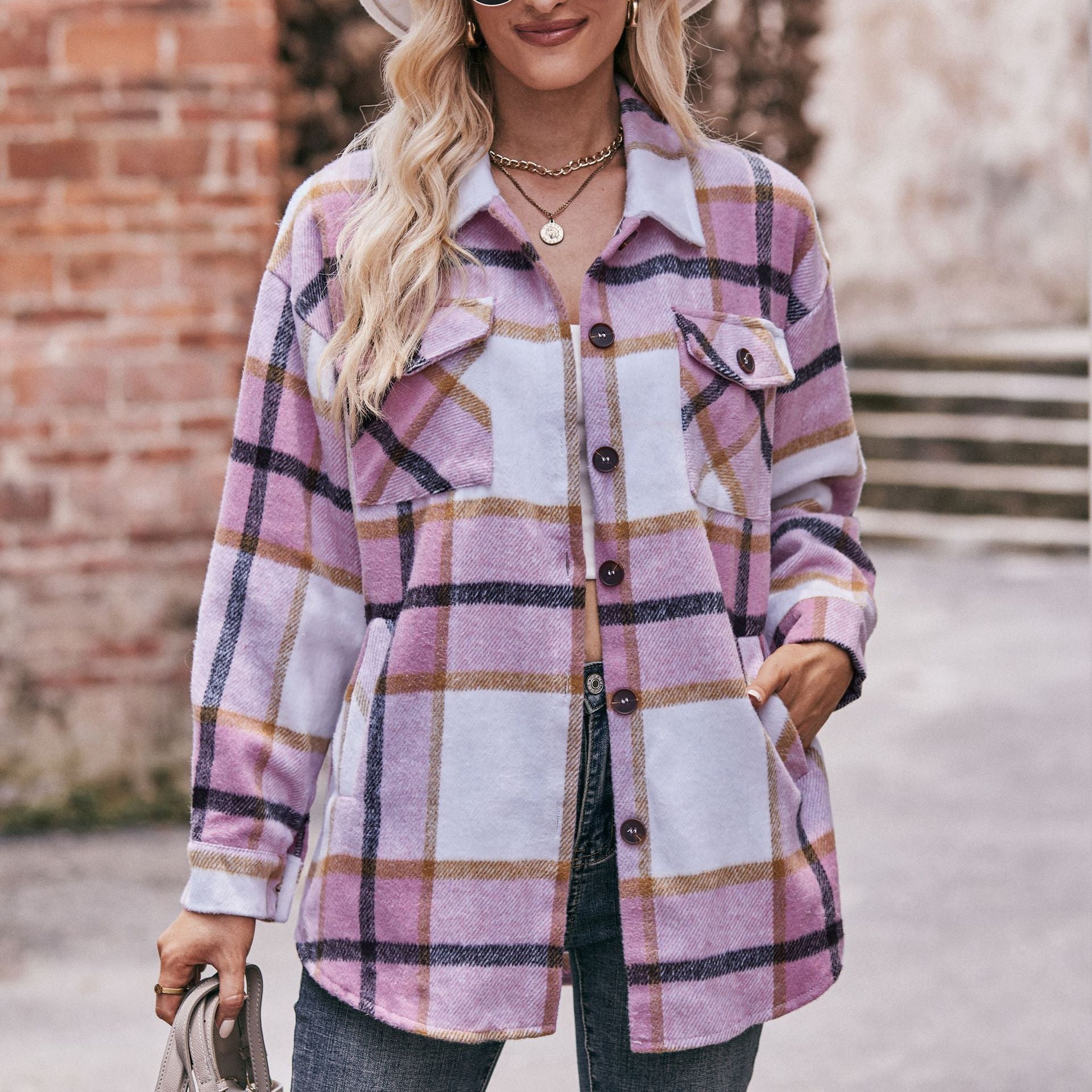 Women Casual Plaid Loose Pocket Shirt Jacket 9