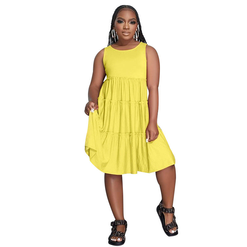 Summer Solid Round Neck Sleeveless Casual Women's Fashion Pleated Casual Dress 7