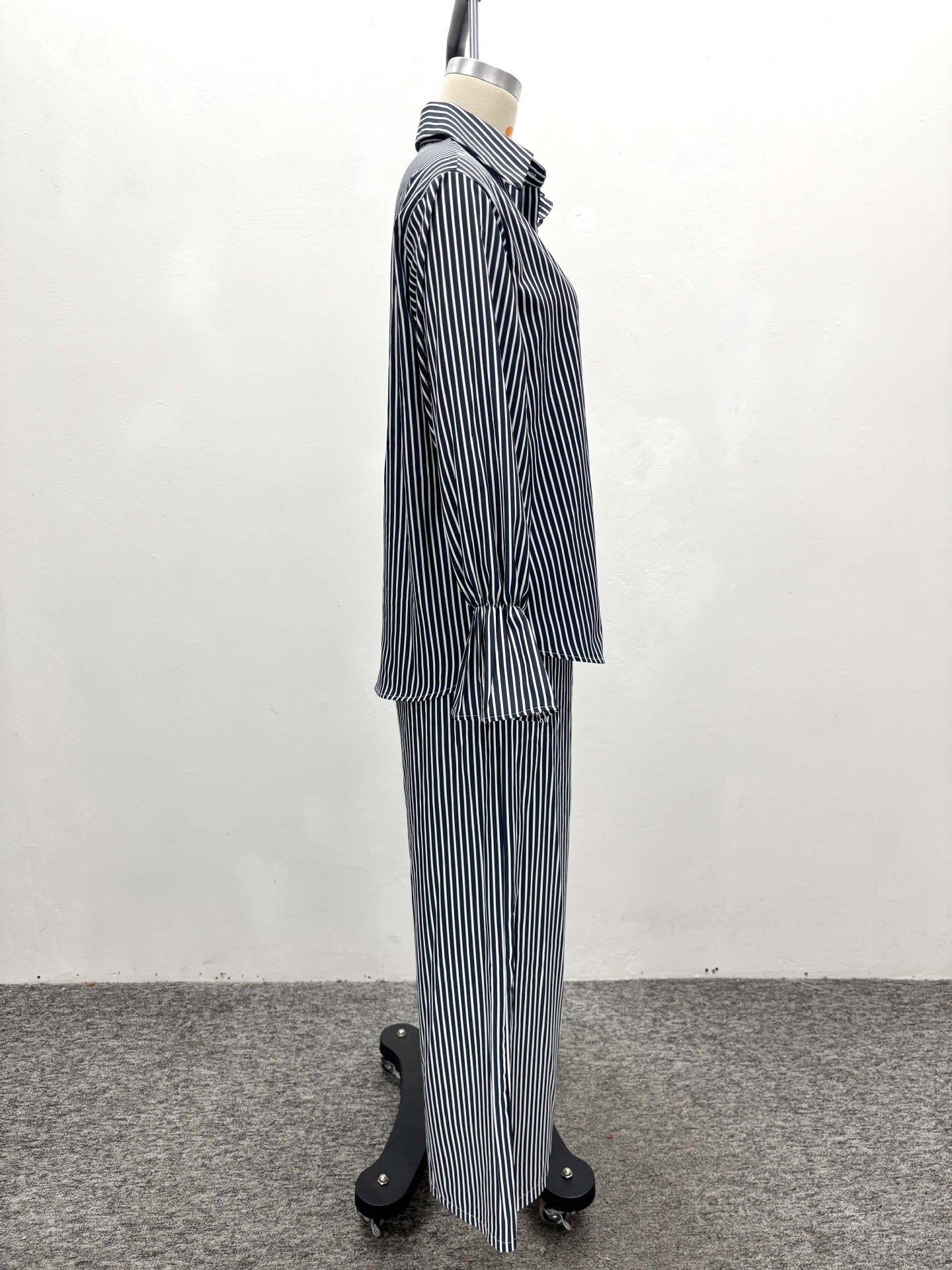 Women's Fashion Striped Button Bell Sleeve Shirt Wide Leg Pants African Casual Set 7