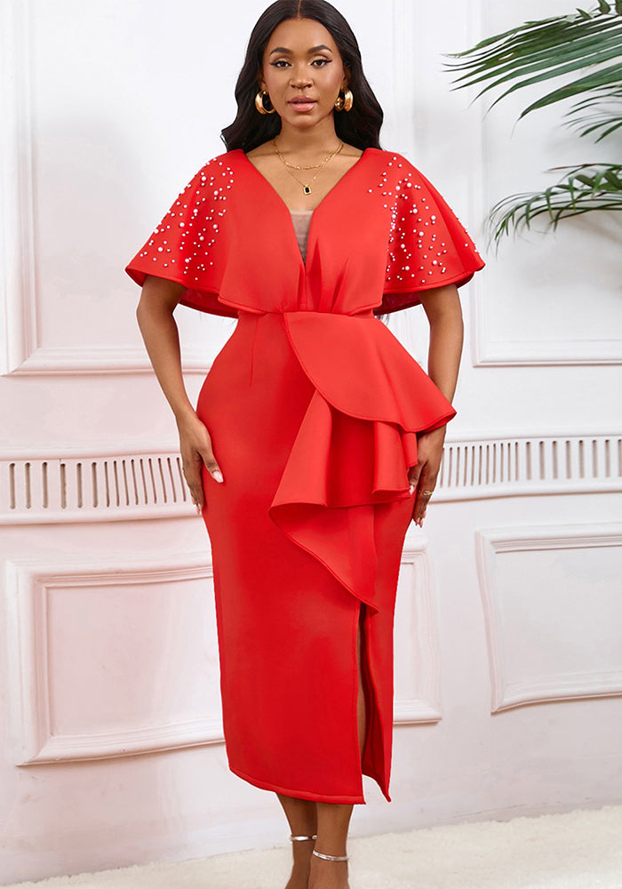 Summer Sexy V-Neck Ruffle Slit Beaded Evening Dress Chic Formal Party Gown