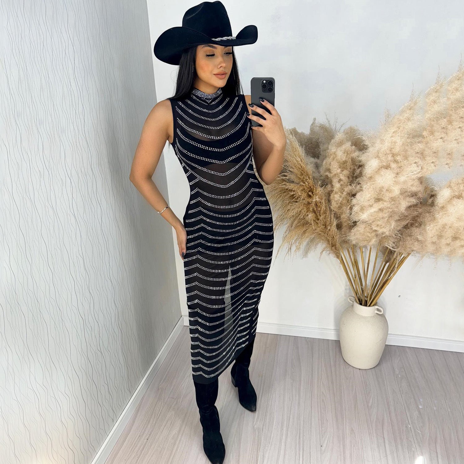 Women Summer Sexy Mesh See-Through Beaded Sleeveless Dress