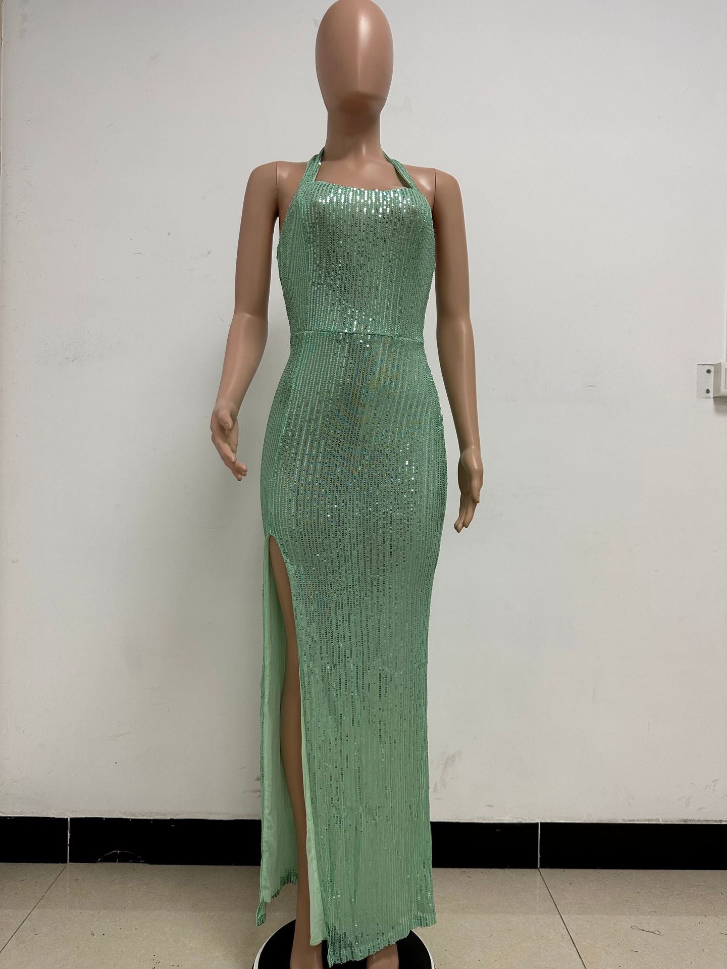 Women Sleeveless Halter Neck Backless Sequin Slit Evening Dress 54
