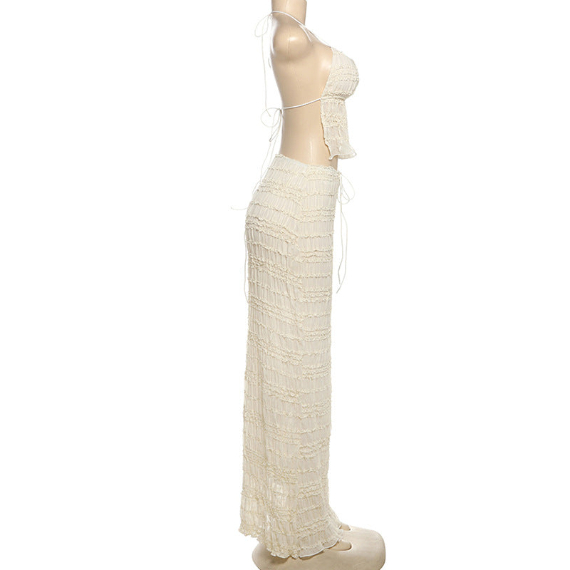 Spring Halter Neck Low Back Vest Pleated Chiffon Sexy Long Skirt Two Piece Set 10