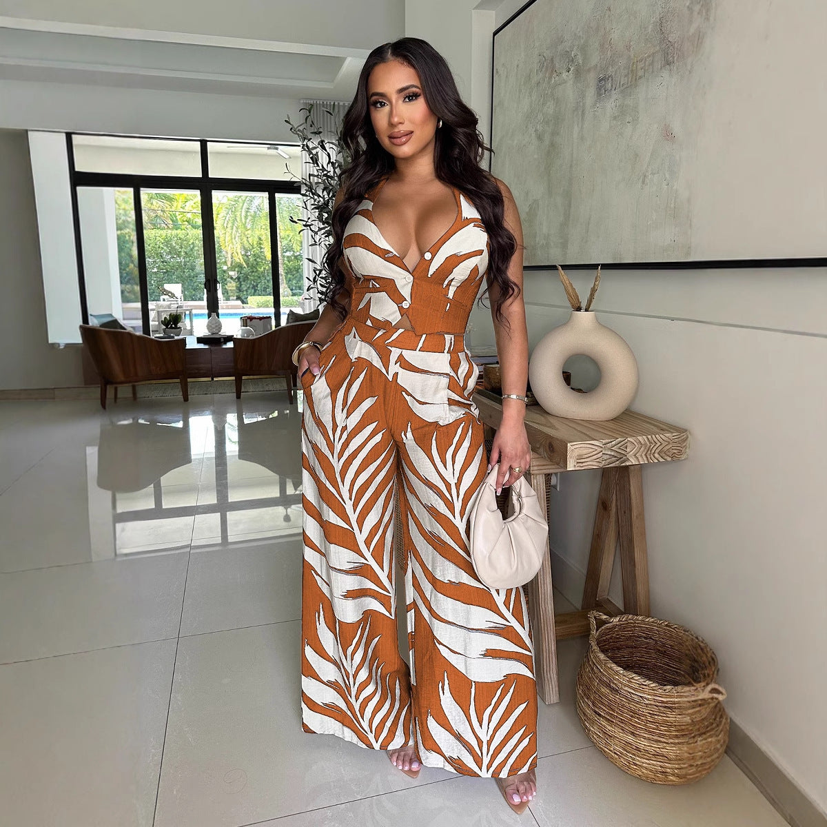 Women Printed Halter Neck Top and Wide-leg Pants Two-piece Set 5