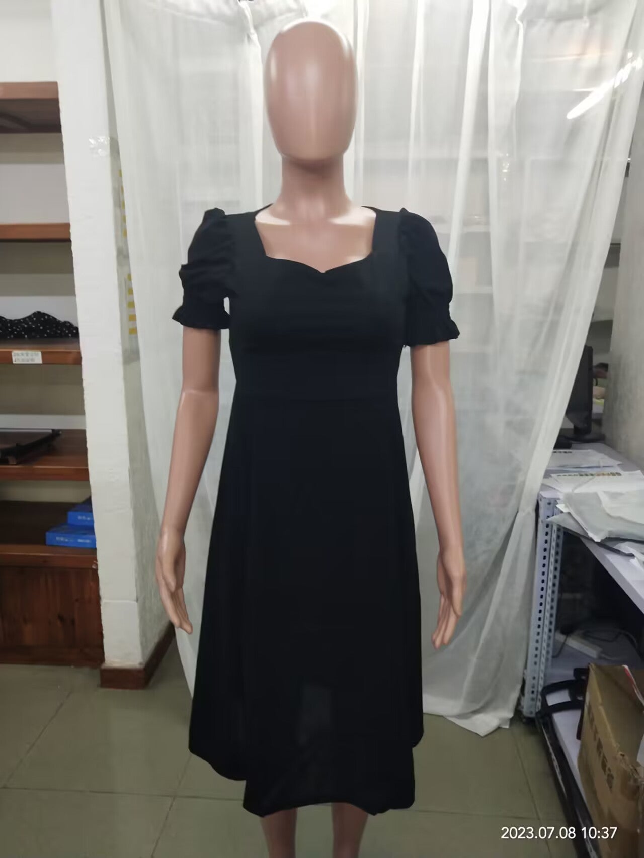 Women Summer French Style Puff Sleeve Square Neck Slit Long Dress 15