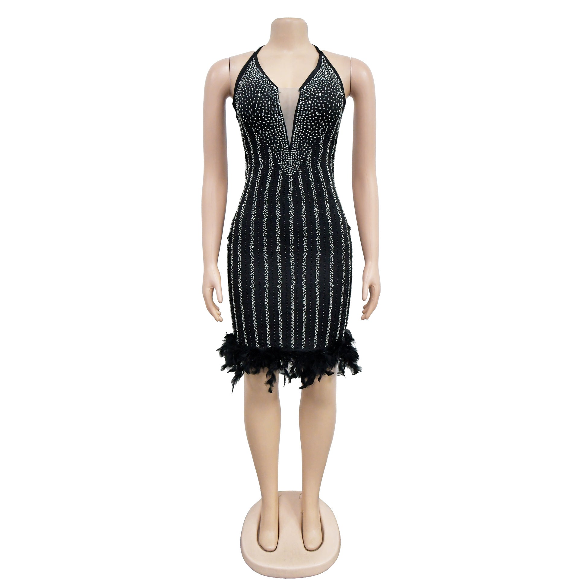 Women's Solid Color Beaded Mesh Feather Lace-Up Dress 26