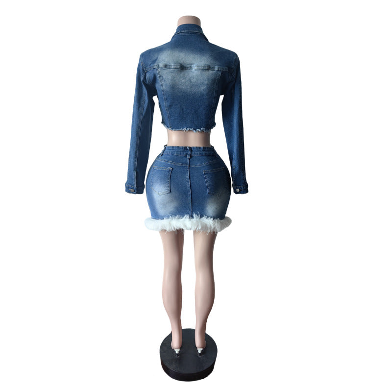 Women Stretchy Denim Feather Long-Sleeved Top and Skirt Two-Piece Set 7