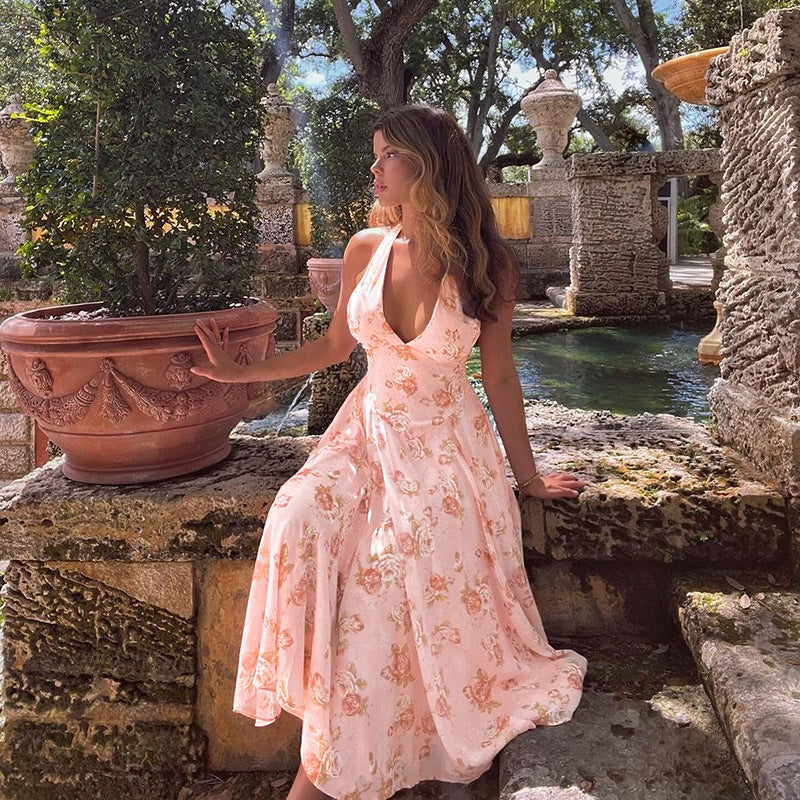 Autumn Women's Sexy Slim Print Halter Neck A-line Dress