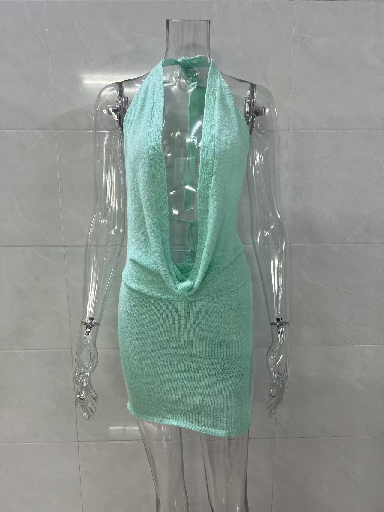 Sexy Low-Back Summer Style Halter Neck Lace-Up Knit Bodycon Mini Dress 12