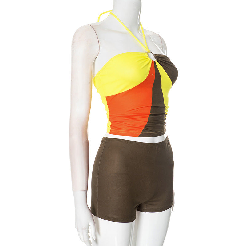 Spring Summer Women's Ring Halter Neck Multi-Color Low Back Vest Bodycon Holiday Shorts Two Piece Set 9