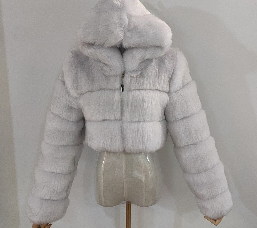 Fur Coat Cropped Hooded Faux Fur Coat Long Sleeve Patchwork Women's Coat 49