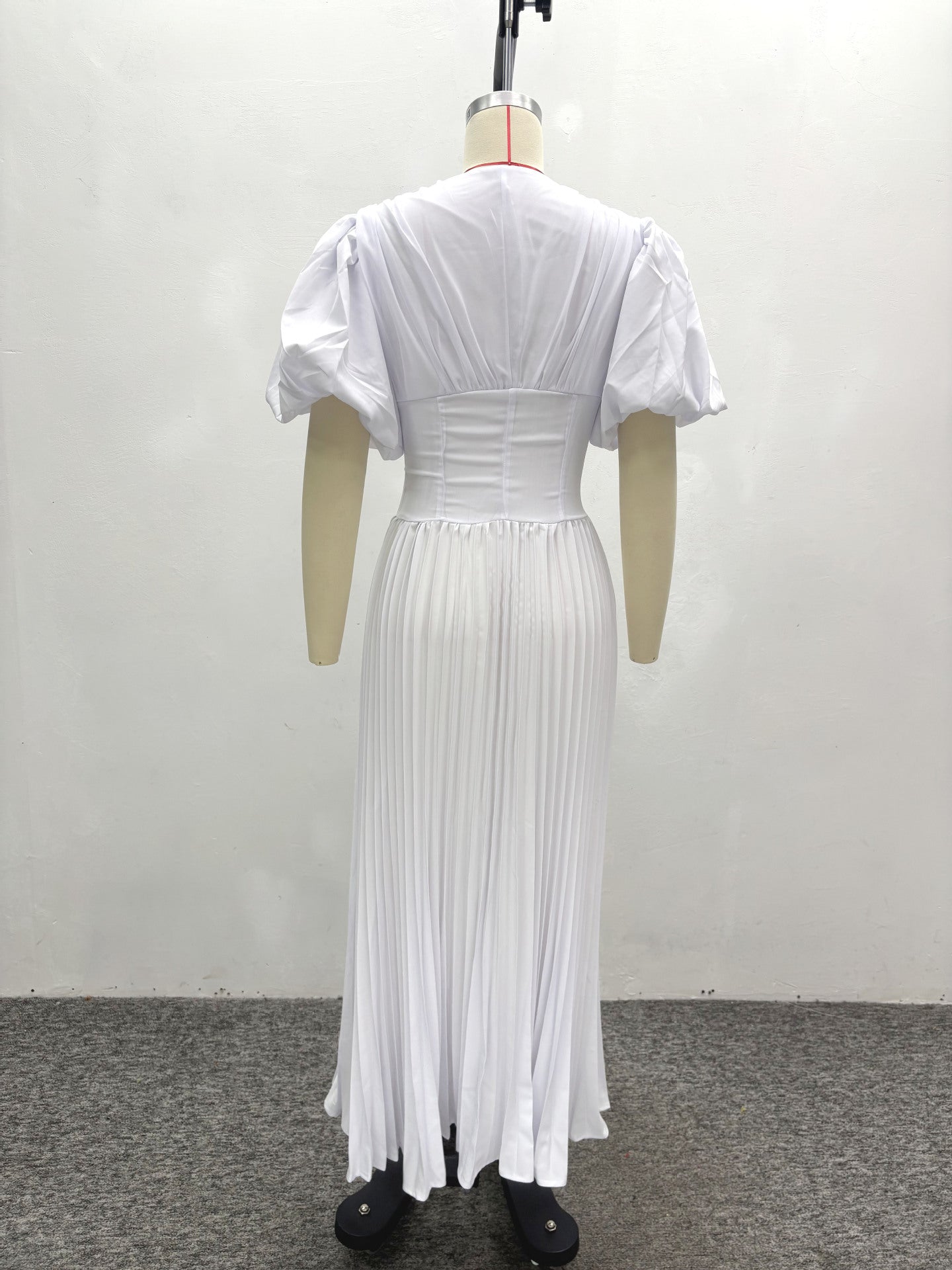 African Women's V-Neck Puff Sleeve Lace-Up Slim Waist Solid Color Trendy Pleated Maxi Dress 7