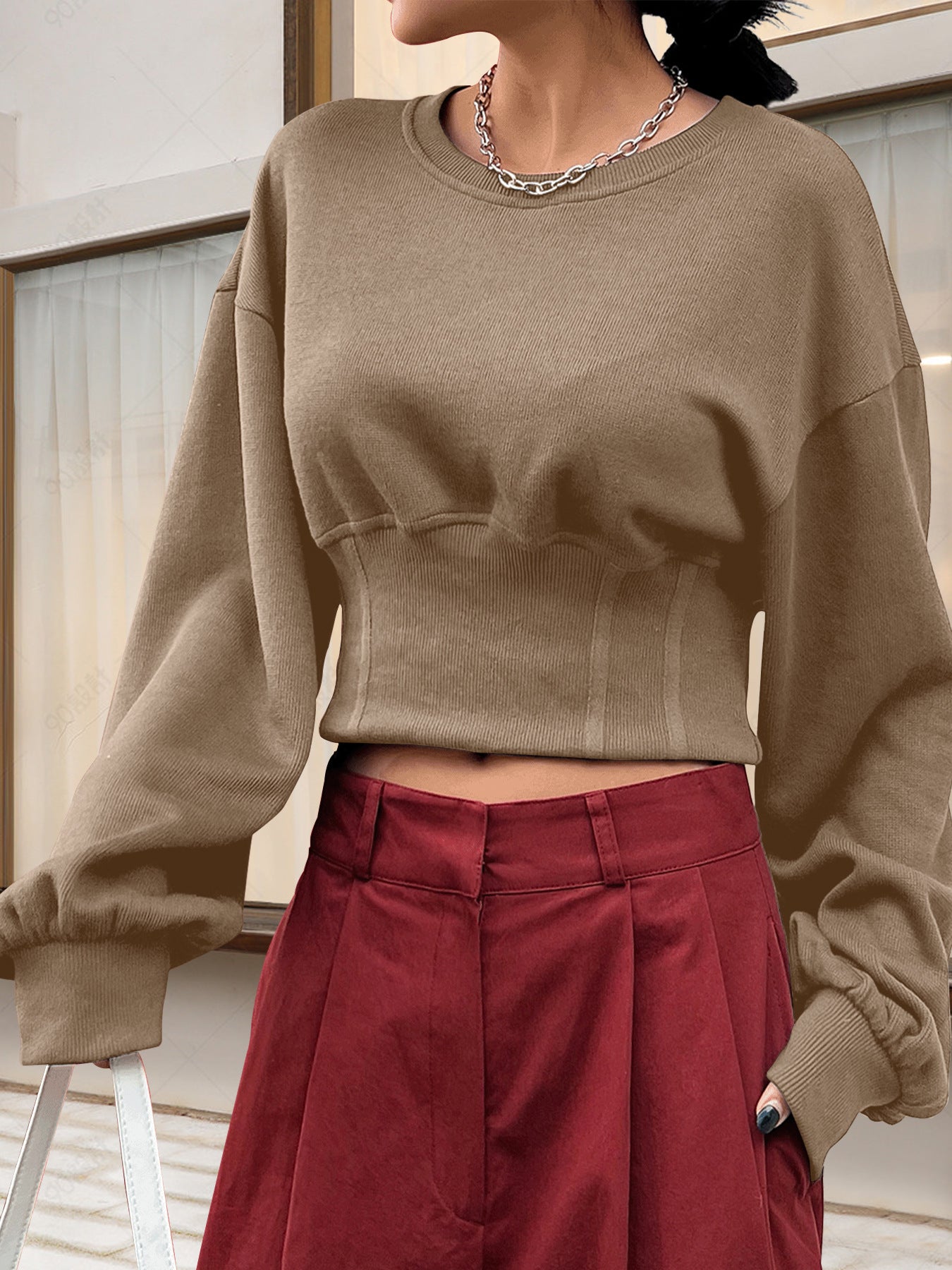 Women's Autumn Loose Slim Waist Round Neck Long Sleeve Top 3