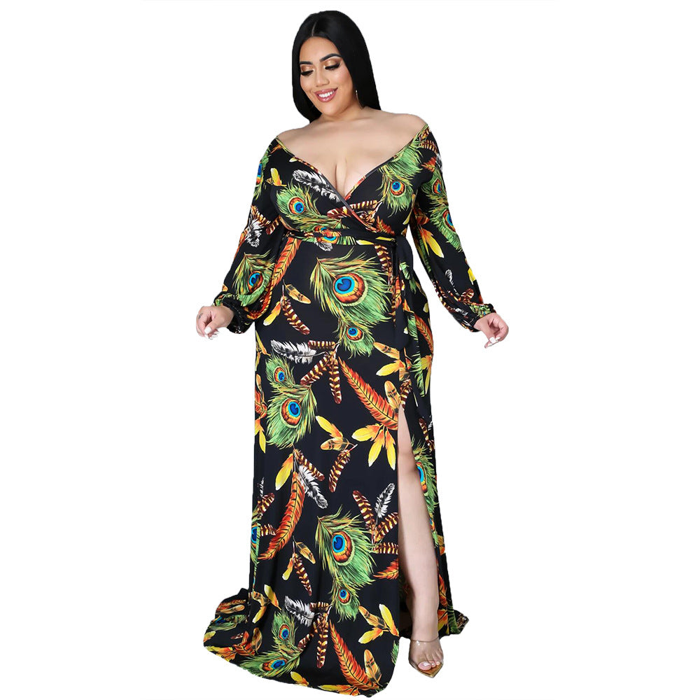 Plus Size Women Feather Print Sexy Slit Dress 9