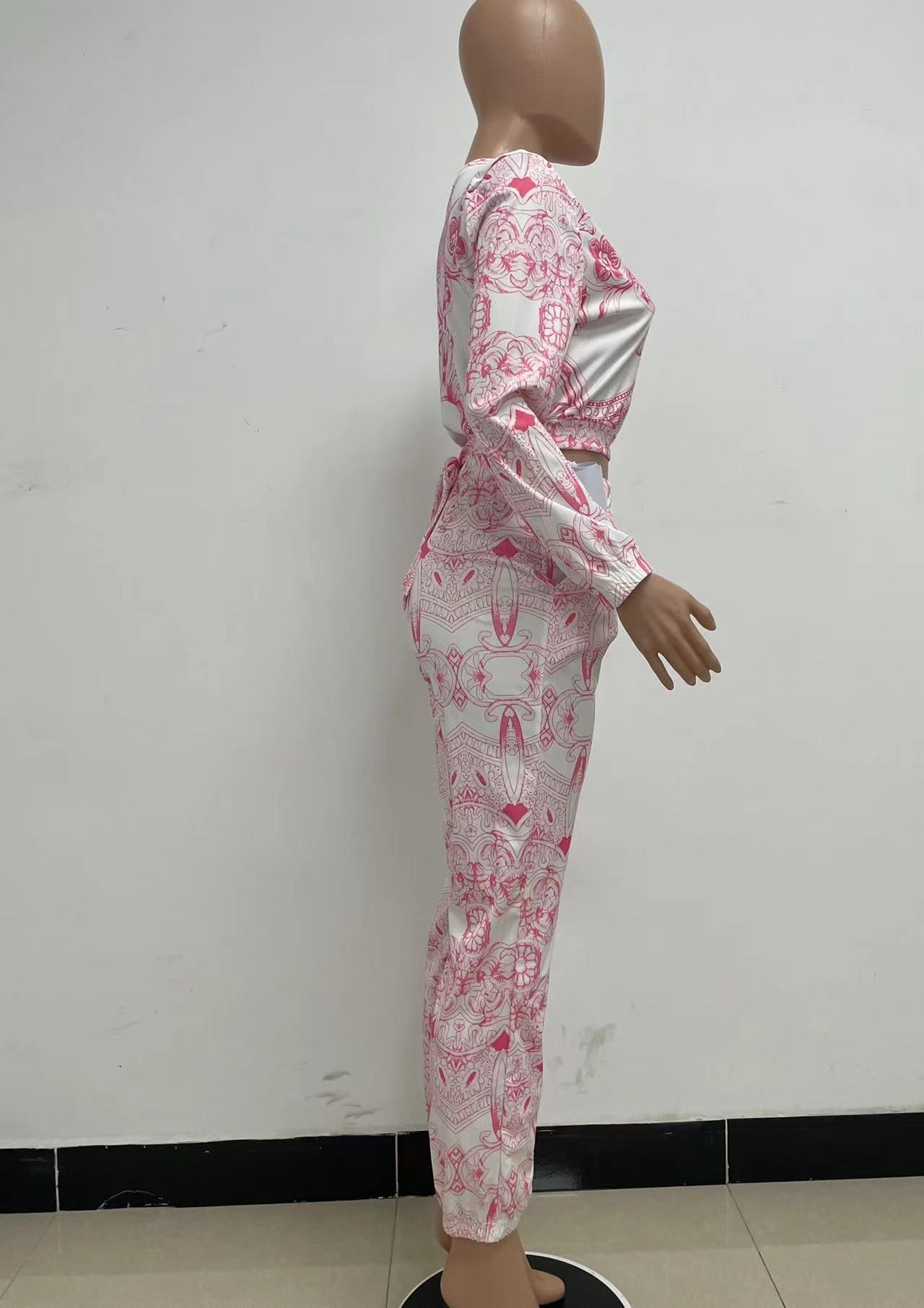 Women Printed Long Sleeve Top+ Pants Two Piece Set 13