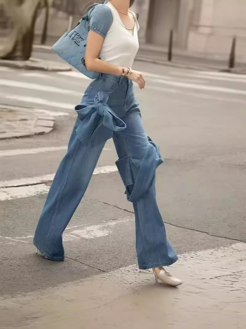 Women Spring Patchwork Bow Denim Wide Leg Pants 6