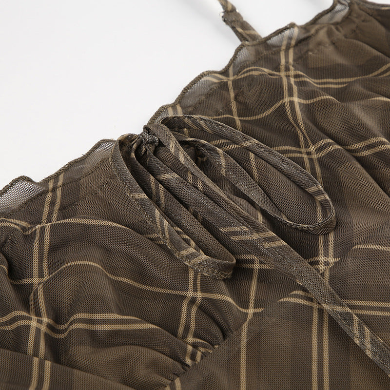 Plaid Mesh Patchwork  Strap Mini Dress 12