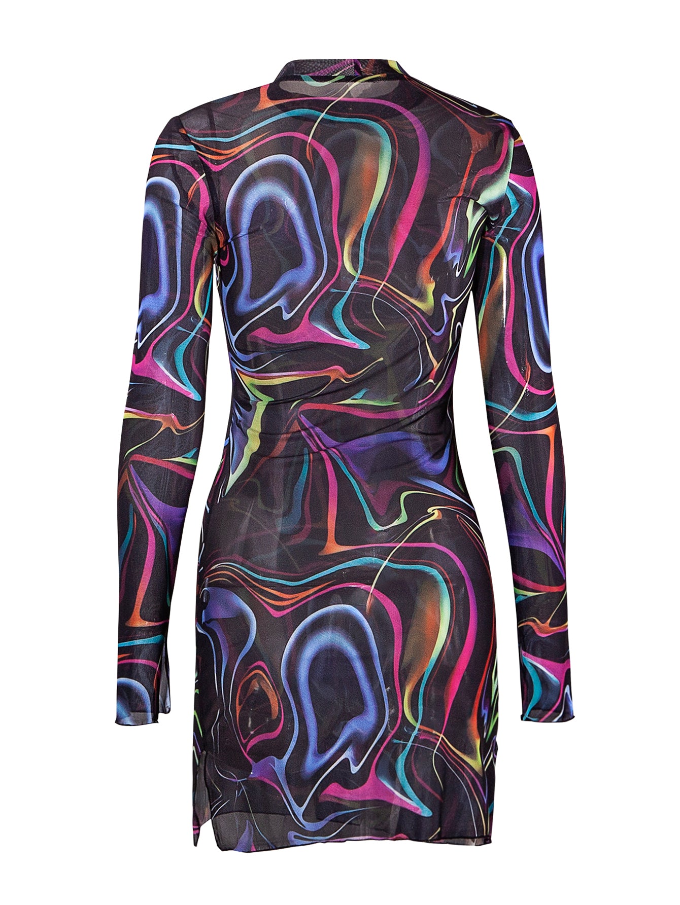 Women See-Through Printed Long Sleeve Dress 7