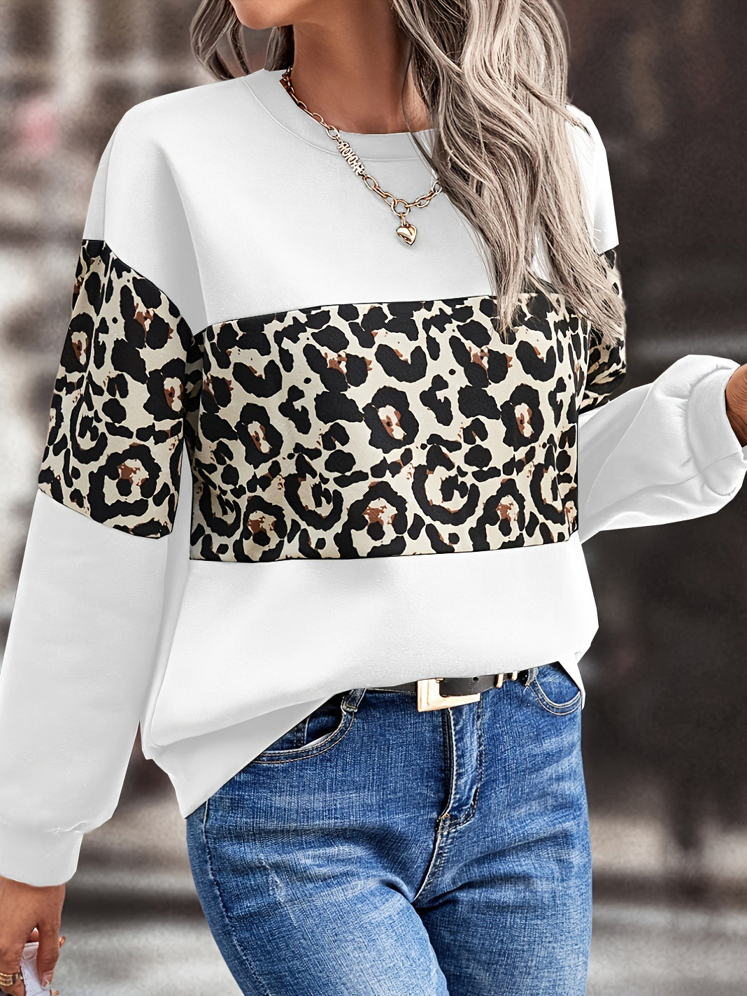 Women Autumn Loose Round Neck Long Sleeve Leopard Patchwork Top 4